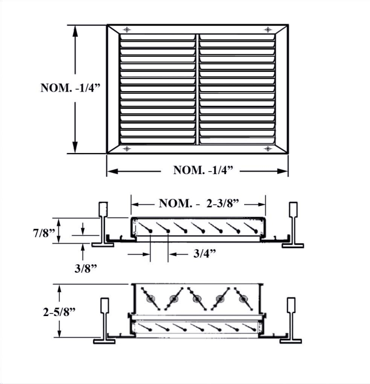Dimensioned drawing of RAT, RAOBT return grille