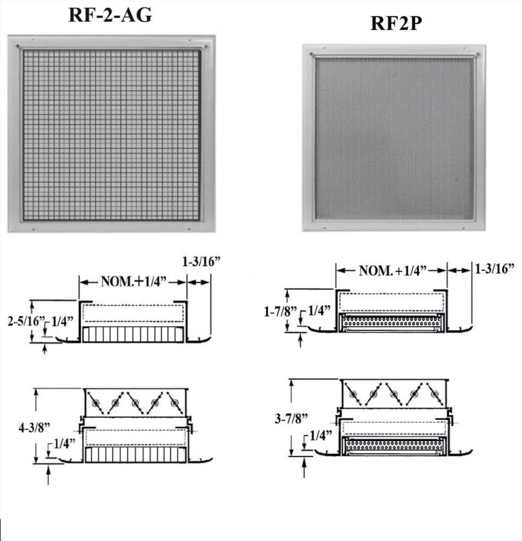 Dimensioned drawing of RF2-AG, RF2-AG 1X1X1, RF2-P return grille