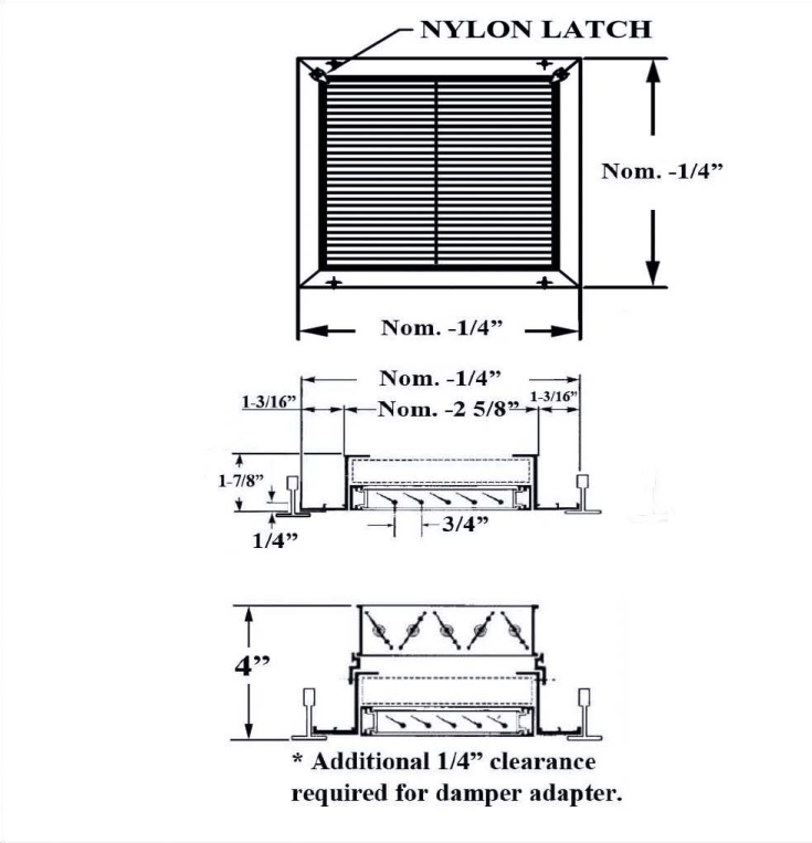 Dimensioned drawing of RF2T, RF2OBT return grille