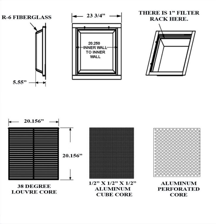 Dimensioned drawing of RF3TLFGB, RF3TAGFGB, RF3TPFGB return grille