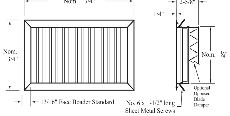 Dimensioned drawing of T-V, T-H supply grille