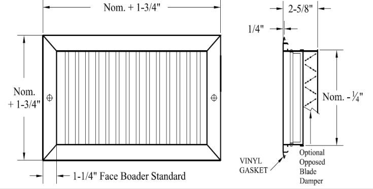 Dimensioned drawing of V, VOB, H, HOB supply grille