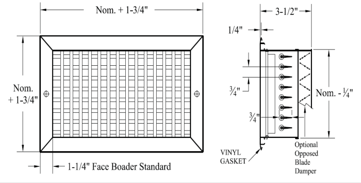 Dimensioned drawing of VH, VHOB, HV, HVOB supply grille