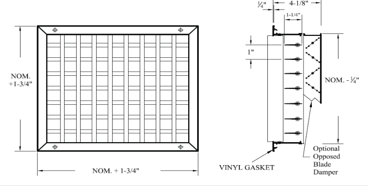 Dimensioned drawing of VHMEI, VHMEOBI, HVMEI, HVMEOB supply grille