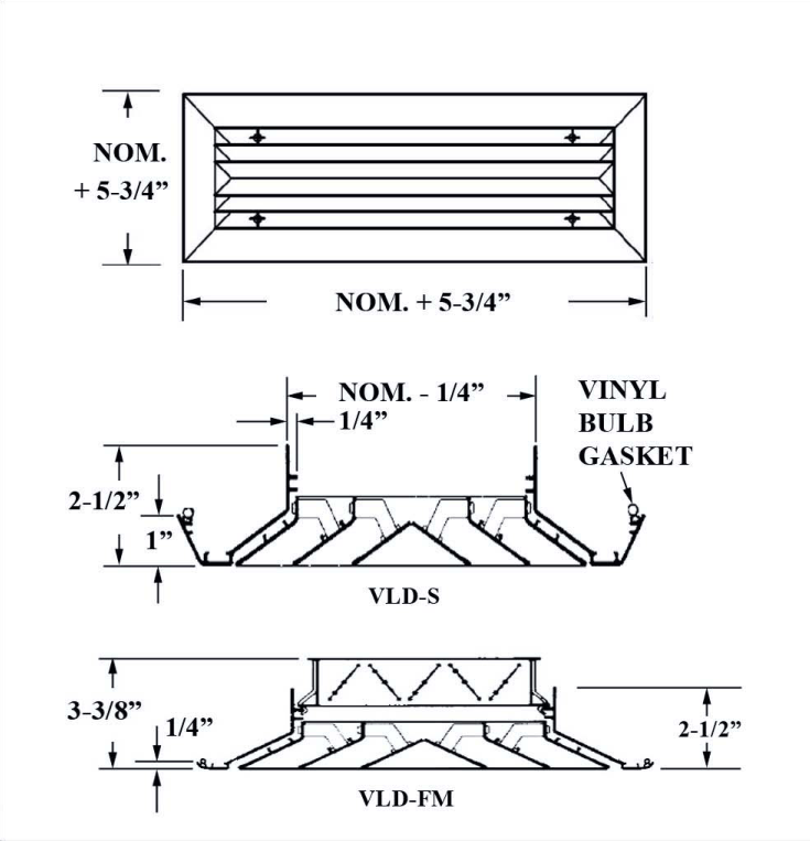 Dimensioned drawing of VLD-S, VLD-S-OB, VL-DFM, VLD-FM-OB linear diffuser