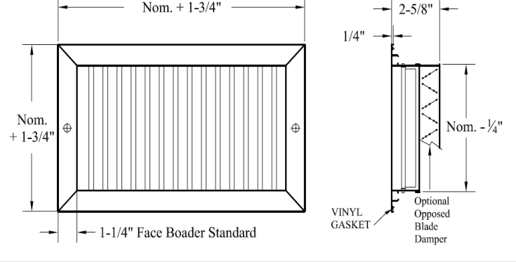 Dimensioned drawing of VME, VMEOB, HME, HMEOB supply grille
